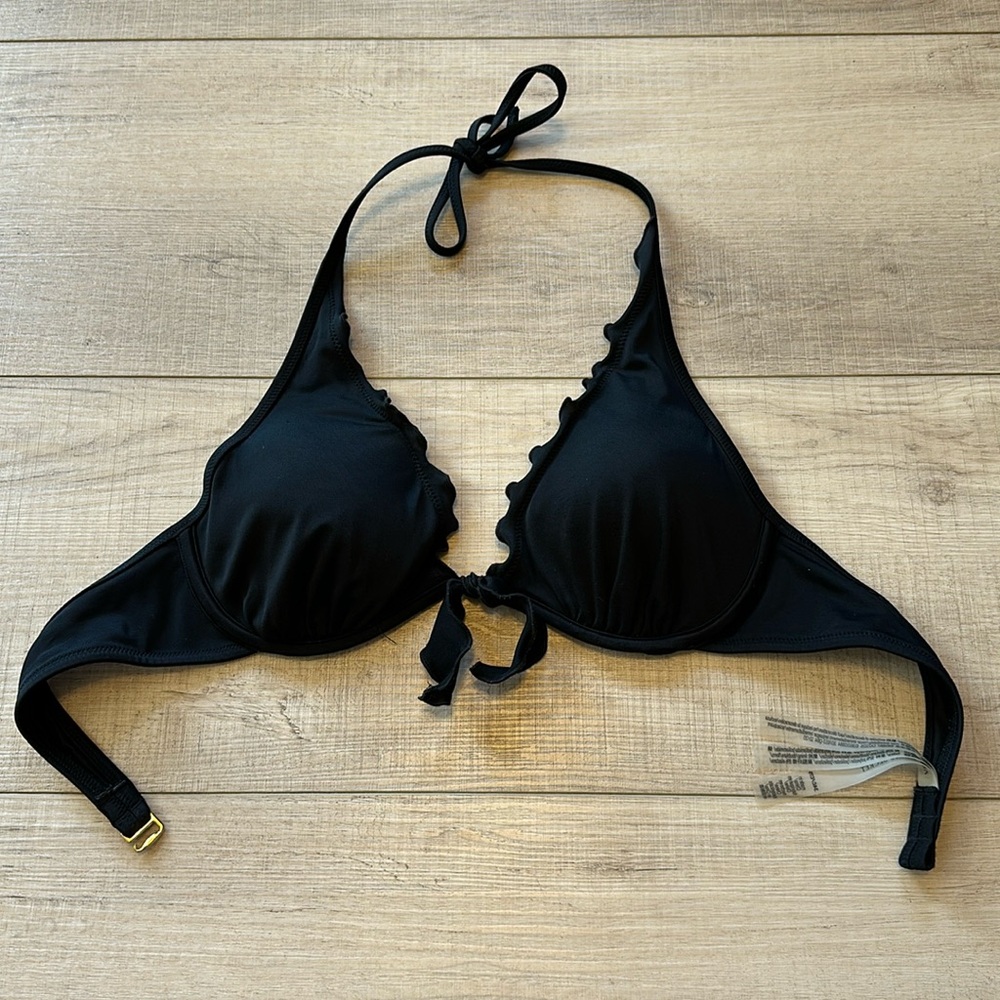 Black Victorias Secret bathing suit bikini top with scalloped edges, size 34C